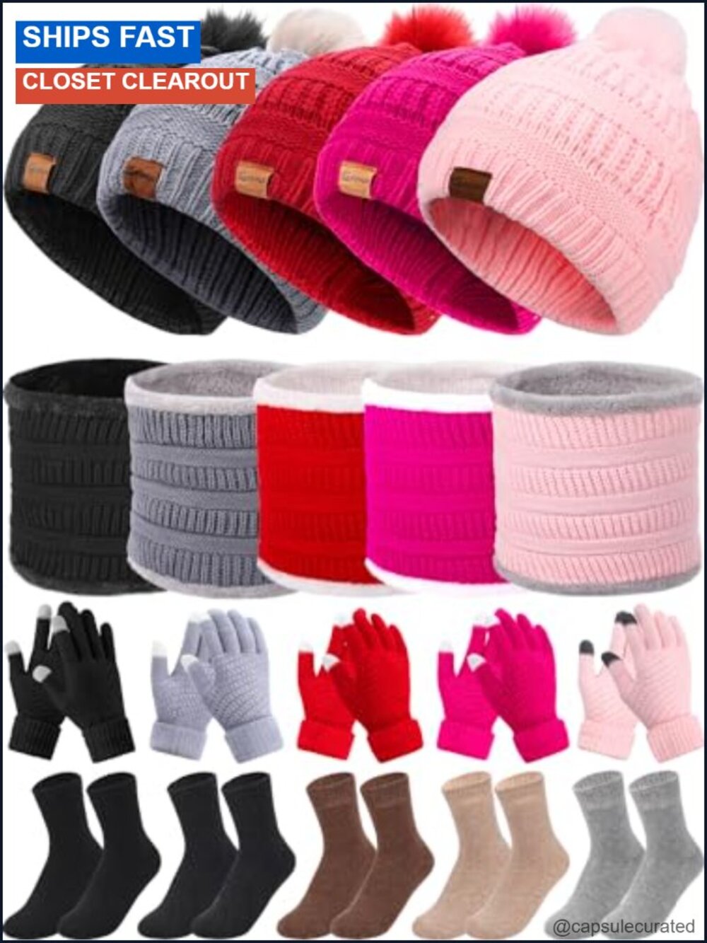 Winter Knit Accessories Set 20pcs Beanie Scarf Gloves Socks with Pom Poms